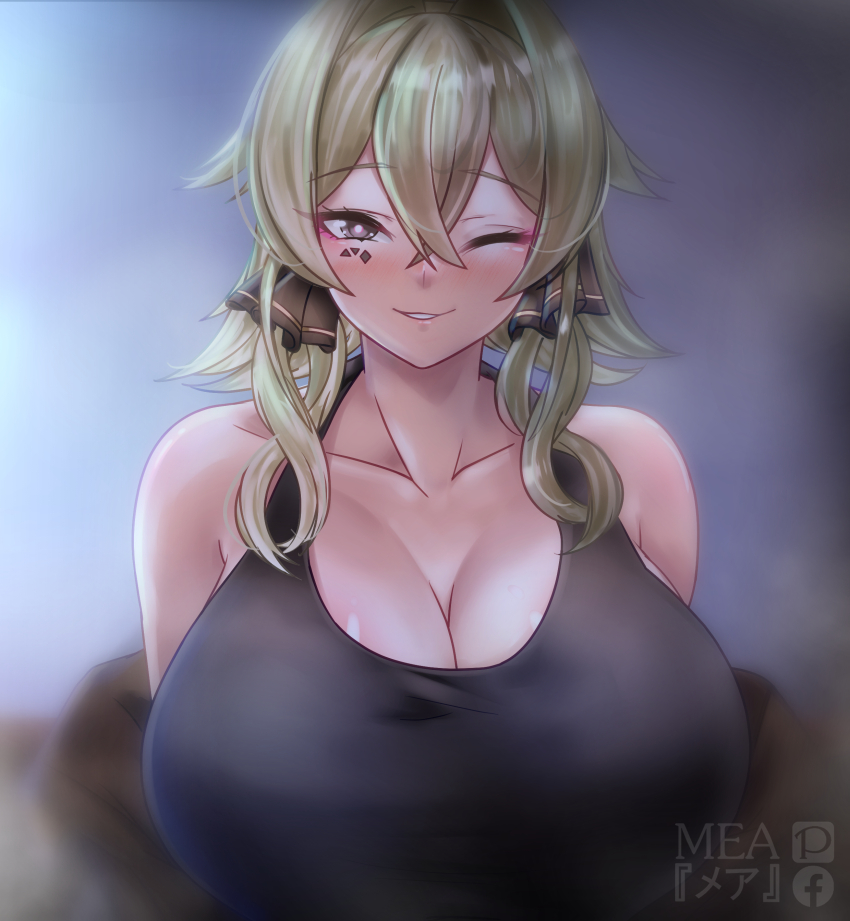 1girl ;) absurdres alternate_costume artist_name black_camisole breasts brown_hair camisole cleavage commentary english_commentary facebook_logo grey_eyes highres honkai_(series) honkai_impact_3rd huge_breasts mea_(manami030) medium_hair one_eye_closed pixiv_logo smile solo upper_body vill-v
