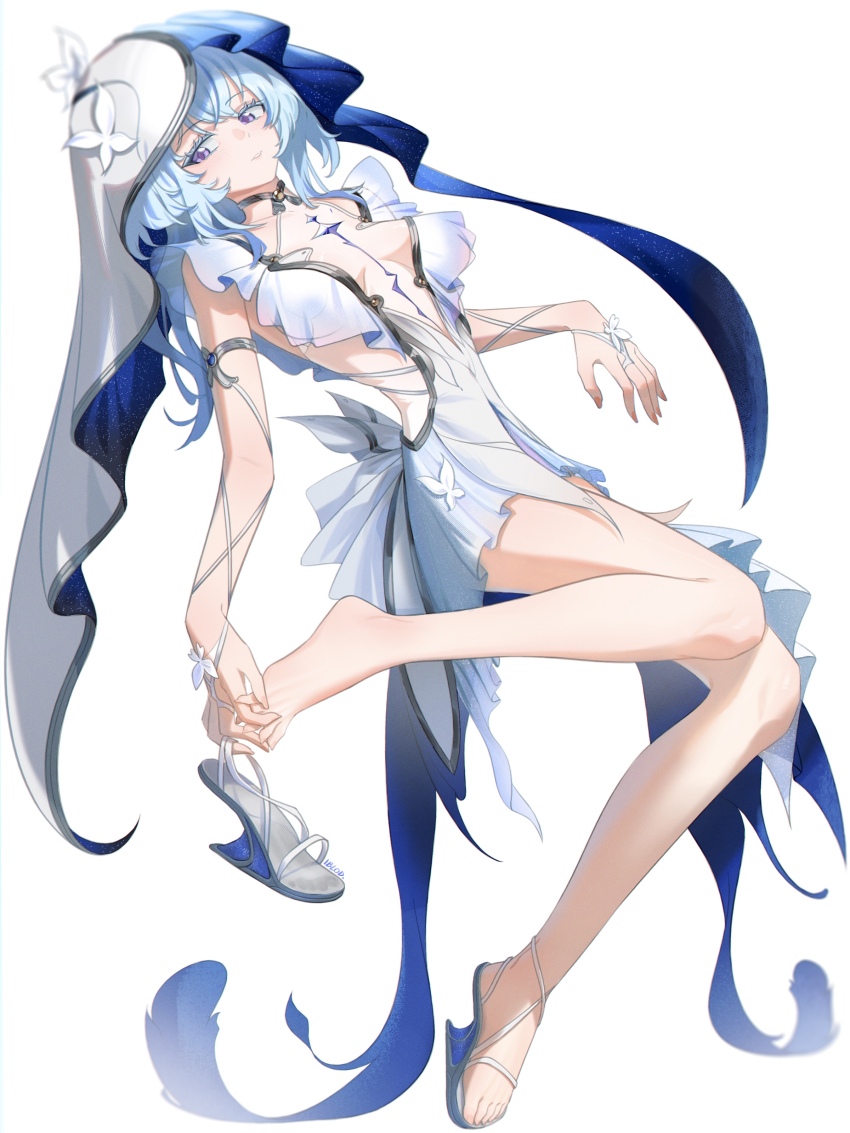 1girl absurdres armlet bare_legs barefoot blue_hair blue_veil breasts chinese_commentary colored_eyelashes commentary_request dress feet full_body heel-less_heels high_heels highres holding_shoe iblod jewelry legs long_hair looking_at_viewer medium_breasts parted_lips purple_eyes sandals shoes shorekeeper_(wuthering_waves) simple_background sleeveless sleeveless_dress solo toeprint toes two-tone_veil unworn_shoes veil white_background white_dress white_shoes white_veil wuthering_waves