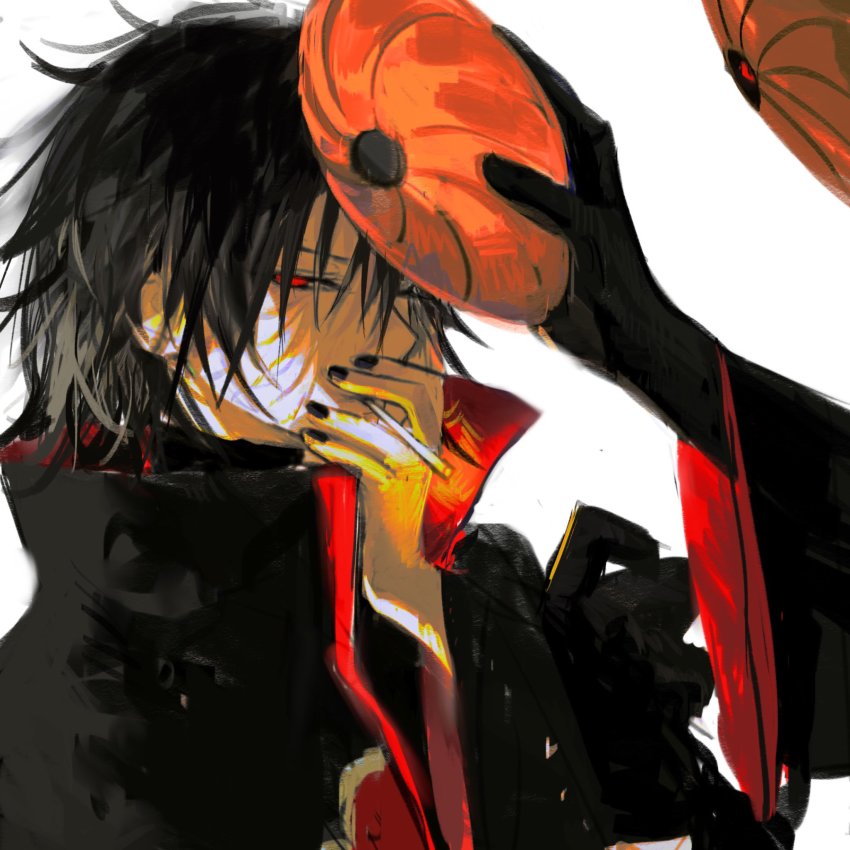 akatsuki_(naruto) akatsuki_uniform alternate_hair_length alternate_hairstyle black_hair cigarette cloak highres male_focus mangmangfangmu mask masked_madara naruto_(series) naruto_shippuuden red_eyes scar scar_on_face sharingan smoke smoking tobi_(naruto) uchiha_obito unworn_mask wide_sleeves