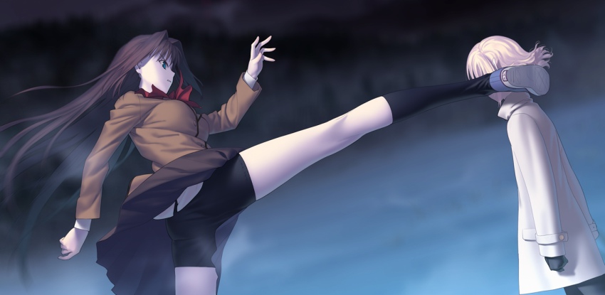 1boy 1girl aozaki_aoko bike_shorts blonde_hair blue_eyes brown_hair game_cg hair_intakes high_kick kicking koyama_hirokazu legs long_hair long_legs lugh_beowulf mahou_tsukai_no_yoru school_uniform short_hair shorts_under_skirt skirt socks spoilers upskirt