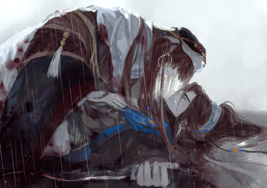 2boys black_hanfu blood blood_on_clothes bloody_weapon blunt_bangs brown_hair brown_hanfu chinese_clothes closed_eyes corpse covered_eyes dagger death earrings facing_another feng_xiaoyao from_side hair_spread_out hair_tie hand_on_another&#039;s_chest hanfu hat high_ponytail highres holding holding_dagger holding_knife holding_weapon hoop_earrings jewelry jinguang_budaixi knife long_sidelocks male_focus multiple_boys parted_bangs parted_lips ponytail profile red_hair sidelocks tassel teeth water_drop weapon white_background white_hanfu wuqing_zangyue wuxia zhao_yi