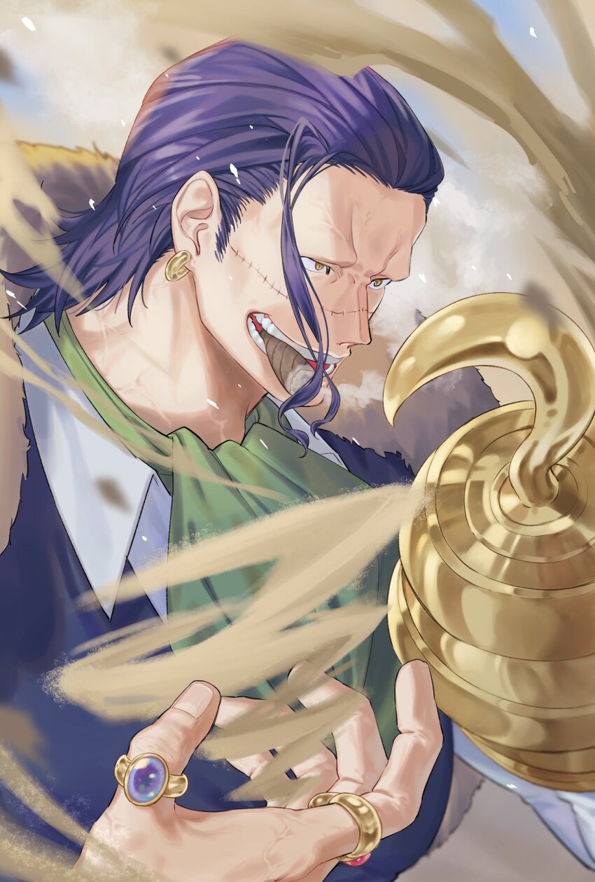 1boy ascot cigar commentary_request crocodile_(one_piece) green_ascot gunjo_shizuko hair_slicked_back highres hook_hand jewelry looking_ahead male_focus one_piece ring sand short_hair smoke solo stitched_face stitches upper_body