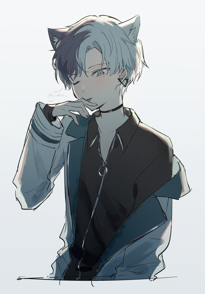 1boy animal_ears aoyagi_touya black_choker blue_eyes blue_hair cat_boy cat_ears choker collared_shirt dark_blue_hair ear_piercing earrings extra_ears hand_up highres jacket jewelry jishio lapels long_sleeves male_focus mole mole_under_eye multicolored_hair notched_lapels official_alternate_costume official_alternate_hairstyle one_eye_closed open_clothes open_jacket piercing project_sekai shirt short_hair simple_background solo split-color_hair tongue tongue_out triangle_earrings twitter_username two-tone_hair upper_body whip_the_wimp_girl!!_(project_sekai) zipper zipper_pull_tab