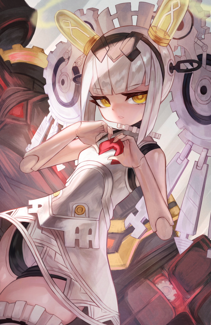 1girl absurdres bare_shoulders daedalus_(fate) doll_joints dress expressionless fate/grand_order fate_(series) gears heart heart_hands highres joints light_bulb light_bulb_hair_ornament looking_at_viewer m0_chi mechanical_arms naucrate_(fate) robot_girl short_hair sleeveless solo white_dress white_hair yellow_eyes