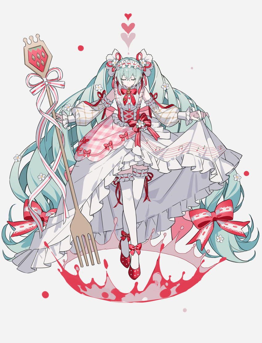 1girl absurdres aqua_hair aqua_nails bow bowing bowtie buttons closed_eyes closed_mouth collared_shirt commentary cross-laced_clothes crossed_bangs crossed_legs curtsey detached_sleeves english_commentary flower fork frilled_shirt frilled_skirt frilled_sleeves frilled_thighhighs frills full_body grey_background hair_between_eyes hatsune_miku headdress heart highres holding holding_fork kazenemuri long_hair long_sleeves nail_polish oversized_object patterned_clothing plaid polka_dot polka_dot_footwear puffy_long_sleeves puffy_sleeves red_bow red_bowtie red_footwear red_ribbon ribbon shirt sidelocks simple_background skirt sleeveless sleeveless_shirt smile solo musical_staff standing strawberry_miku_(morikura) thighhighs twintails very_long_hair vocaloid white_flower white_headdress white_ribbon white_shirt white_skirt white_thighhighs zettai_ryouiki