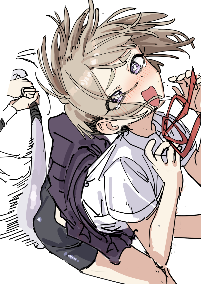 2girls absurdres aluminum_bat aroused ass ass_smack baseball_bat bent_over bike_shorts blush brown_hair clothes_lift collared_shirt drooling flat_ass floating_hair furrowed_brow hands_up haruyuki_(gffewuoutgblubh) head_back heart heart-shaped_pupils highres hitting holding holding_baseball_bat kimi_no_koto_ga_dai_dai_dai_dai_daisuki_na_100-nin_no_kanojo masochism meido_mei motion_lines multiple_girls neck_ribbon nose_blush open_mouth out_of_frame purple_eyes red_ribbon ribbon shirt short_hair short_sleeves simple_background skirt skirt_lift smile solo_focus spanked spanking sutou_iku symbol-shaped_pupils thick_eyebrows undercut white_background white_shirt wind wind_lift