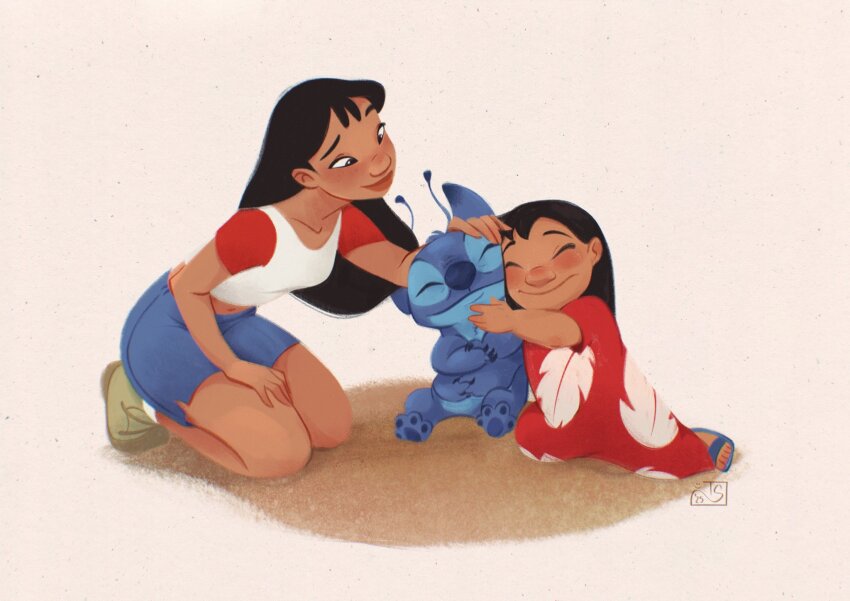 2girls antennae black_hair blue_fur blue_shorts blush closed_eyes dark-skinned_female dark_skin dress highres hug kneeling leaf_print lilo_&amp;_stitch lilo_pelekai long_hair multiple_girls nani_pelekai print_dress red_dress red_sleeves shirt short_shorts short_sleeves shorts siblings sisters stitch_(lilo_&amp;_stitch) tanisketch white_shirt