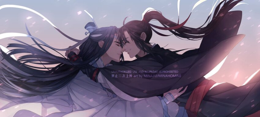 2boys ahoge artist_name bishounen black_hair black_hanfu brown_hair chinese_clothes closed_eyes commentary couple english_commentary face-to-face floating_clothes floating_hair forehead-to-forehead from_side hair_ribbon hanfu headband heads_together high_ponytail hug imminent_kiss lan_wangji light_particles long_hair long_sleeves looking_at_another male_focus minataka94 modao_zushi multiple_boys noses_touching parted_lips ponytail profile red_ribbon red_sash ribbon robe sash sidelocks sleeves_past_wrists smile topknot upper_body very_long_hair watermark wei_wuxian white_hanfu white_headband wide_sleeves xiao_guan_(headdress) yaoi