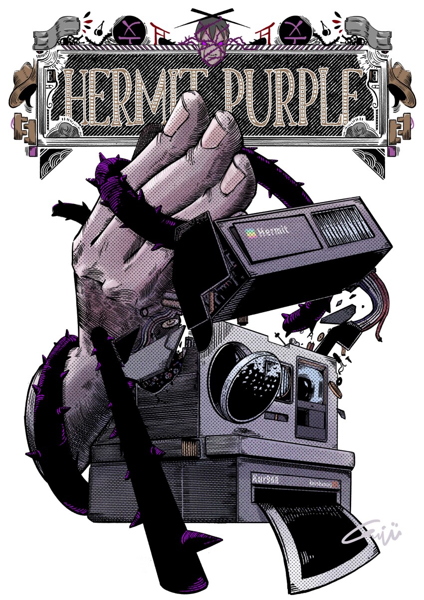 1boy 1other absurdres character_name crushing fingernails hat hermit_purple highres jojo_no_kimyou_na_bouken joseph_joestar joseph_joestar_(old) kurobameiyos plant polaroid_camera polaroid_photo stand_(jojo) stardust_crusaders vines white_background