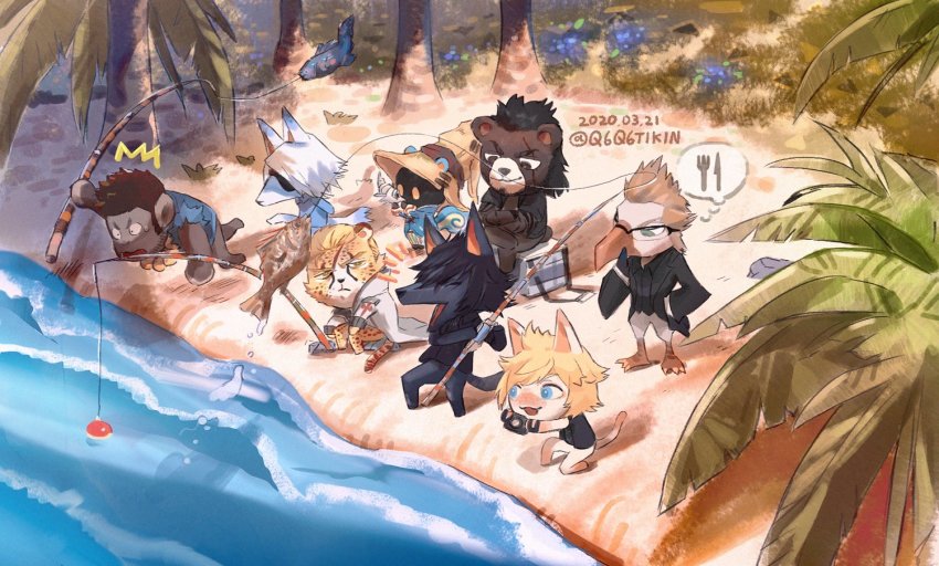 1girl 6+boys animal_crossing animalization annoyed bad_id bad_twitter_id beach beak black_hair blonde_hair camera crossover eyepatch final_fantasy final_fantasy_ix final_fantasy_viii final_fantasy_xv fish fishing fishing_rod freckles fuujin_(ff8) gladiolus_amicitia glasses hat ignis_scientia jacket multiple_boys nintendo noctis_lucis_caelum palm_tree prompto_argentum q6q6tikin raijin_(ff8) scar seashell seifer_almasy shell sideburns silver_hair sitting smile tree vivi_ornitier wizard_hat