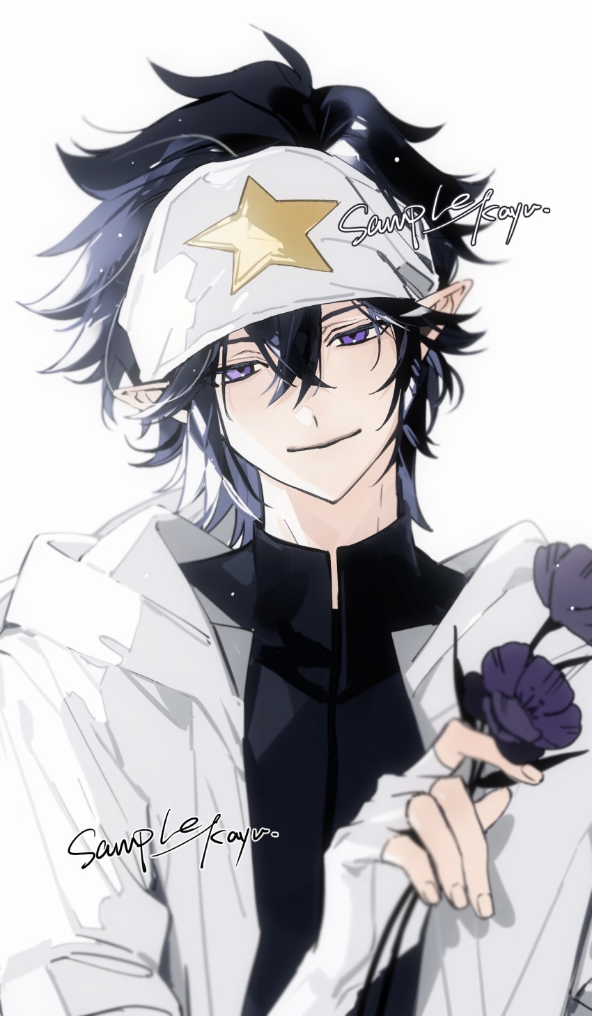1boy absurdres aotu_world artist_name bandana bishounen black_hair black_shirt chinese_commentary closed_mouth fingerless_gloves flower gloves hair_between_eyes headband highres holding holding_flower hood hood_down hooded_jacket jacket kayu_(yukagoin) looking_at_viewer male_focus pointy_ears purple_eyes purple_flower ray_(aotu_world) shirt short_hair simple_background smile solo star_(symbol) star_print turtleneck upper_body white_background white_gloves white_headband white_jacket