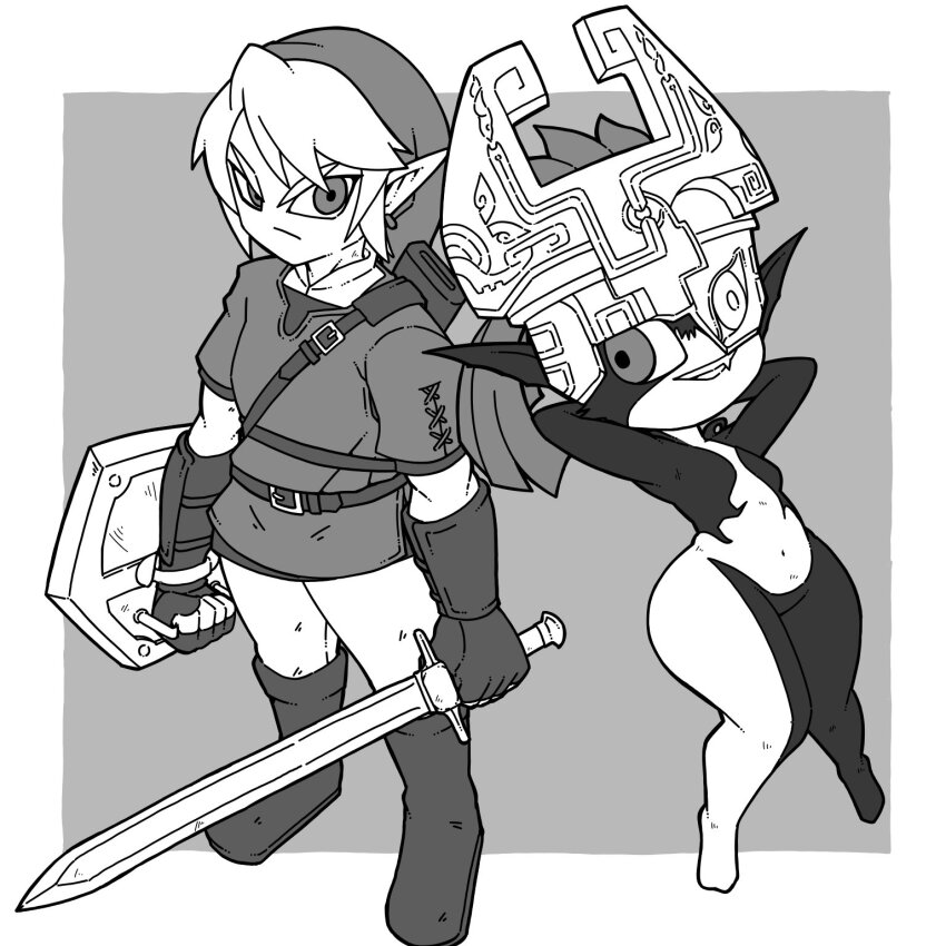 1boy 1girl arms_behind_head arms_up belt belt_buckle boots buckle earrings fang fingerless_gloves gloves grin hat helmet highres holding holding_shield holding_sword holding_weapon jewelry left-handed link midna monochrome name_omoitukan2 navel nintendo pointy_ears sheath shield short_hair smile sword the_legend_of_zelda the_legend_of_zelda:_twilight_princess tunic weapon
