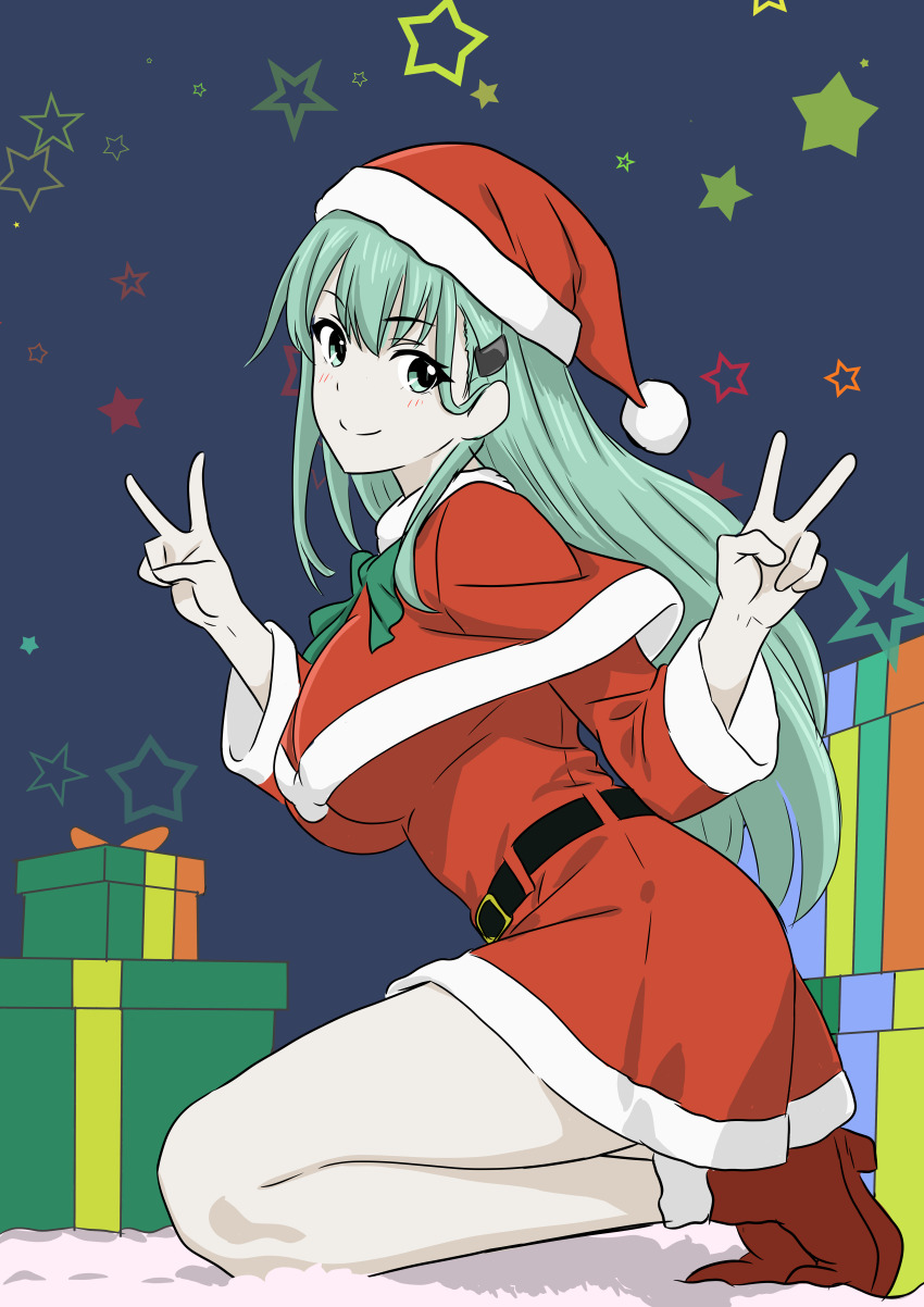 1girl absurdres aqua_eyes aqua_hair bone_namu(namu49850) box capelet double_v dress full_body fur-trimmed_capelet fur-trimmed_dress fur-trimmed_headwear fur_trim gift gift_box hair_ornament hairclip hat highres kantai_collection kneeling long_hair red_capelet santa_costume santa_dress santa_hat solo star_(symbol) star_symbol_background suzuya_(kancolle) v