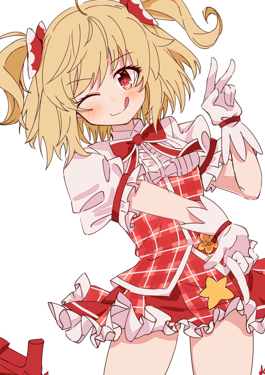 1girl ;q absurdres ayano_rika blonde_hair blush bow bowtie center_frills closed_mouth collared_shirt corset frilled_shirt frilled_skirt frills gloves hair_bow hand_up high_heels highres kamiha_magica_idol_costume kure7753 leg_up magia_record:_mahou_shoujo_madoka_magica_gaiden mahou_shoujo_madoka_magica medium_hair multicolored_hair official_alternate_costume one_eye_closed plaid_clothes plaid_corset plaid_skirt puffy_short_sleeves puffy_sleeves red_bow red_bowtie red_corset red_eyes red_footwear red_skirt shirt short_sleeves simple_background skirt smile solo star_(symbol) swept_bangs tied_sleeves tongue tongue_out two-tone_hair underbust v white_background white_gloves white_shirt