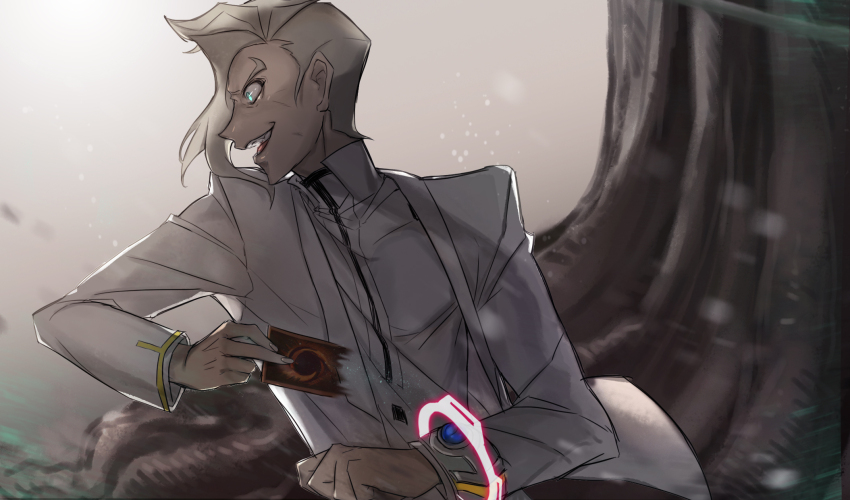 1boy abiiii battle blonde_hair blue_eyes card clenched_hand dappled_sunlight drawing_(action) duel_disk energy_ring evil_grin evil_smile facing_to_the_side fighting_stance grin highres holding holding_card jacket laughing light_particles looking_to_the_side male_focus moss open_clothes open_jacket open_mouth outdoors pants parted_hair shirt smile spectre_(yu-gi-oh!) sunlight tree white_background white_jacket white_pants white_shirt wind yellow_trim yu-gi-oh! yu-gi-oh!_vrains