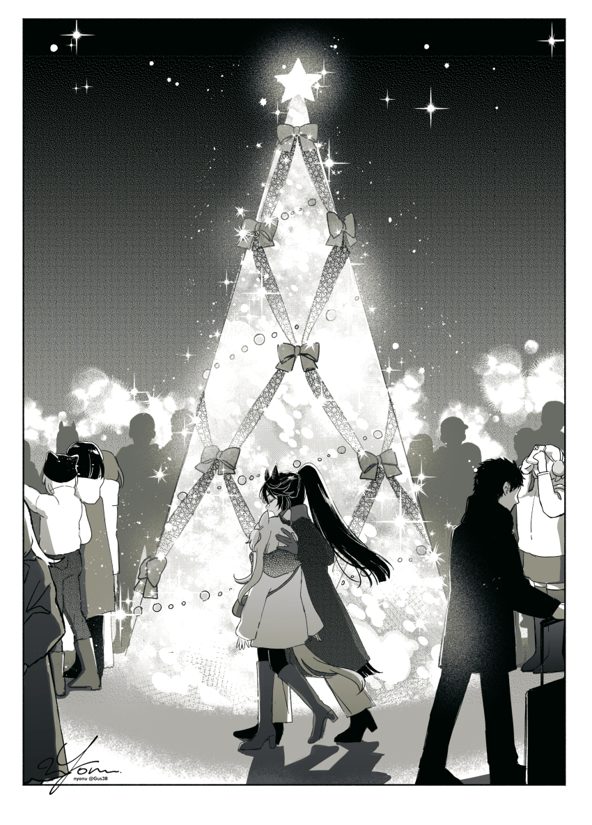 2girls absurdres animal_ears artist_name bag bandaid bandaid_on_face bandaid_on_nose blurry bokeh boots border christmas_tree closed_eyes coat commentary_request depth_of_field diffraction_spikes gloves greyscale hand_on_another&#039;s_head highres horse_ears horse_girl horse_tail long_hair long_sleeves mayano_top_gun_(umamusume) monochrome multiple_girls narita_brian_(umamusume) outdoors people ponytail shadow shoulder_bag signature silhouette tail thigh_boots twitter_username umamusume walking yonu_(yonurime)