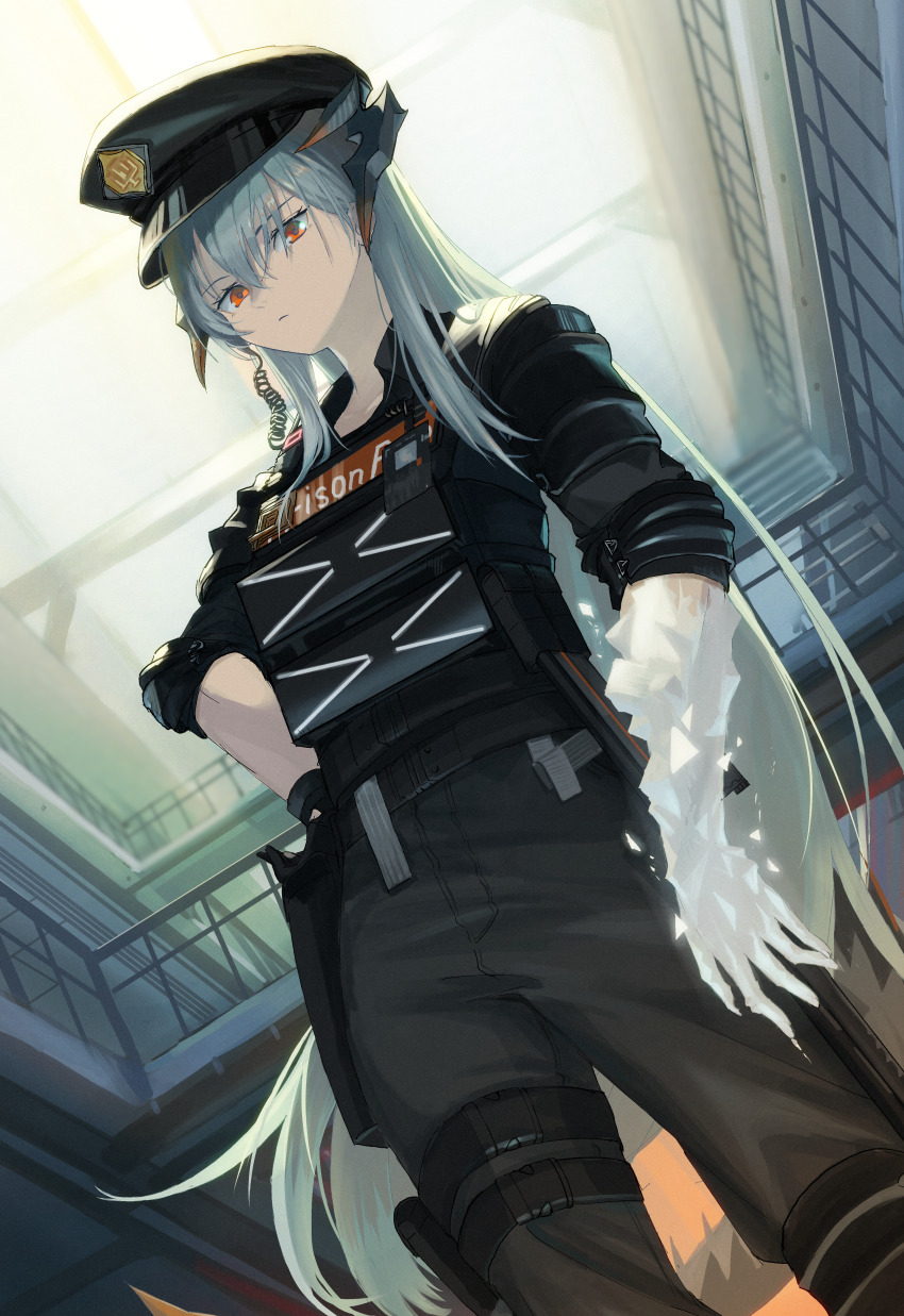 1girl absurdres arknights black_gloves black_hat black_pants black_shirt bulletproof_vest closed_mouth collared_shirt commentary_request cowboy_shot dragon_horns eyelashes gloves hair_between_eyes hand_on_own_hip hat highres horns huge_filesize izumo_(ton_63) long_hair looking_at_viewer official_alternate_costume orange_eyes pants partial_commentary peaked_cap police police_uniform saria_(arknights) saria_(the_law)_(arknights) shirt silver_hair single_glove solo strap tactical_clothes walkie-talkie wing_collar