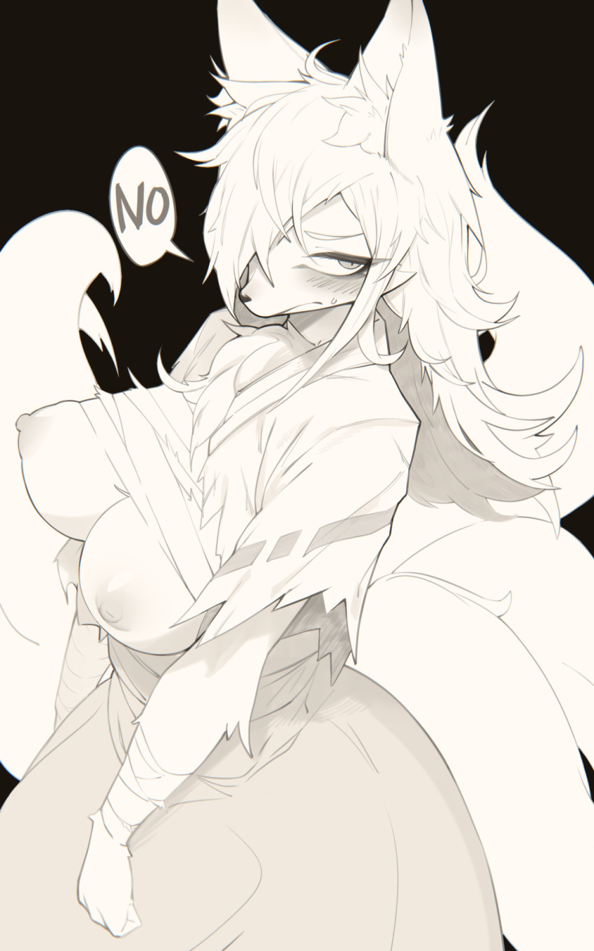 1girl 3gs animal_ear_fluff animal_ears animal_nose averting_eyes bandaged_arm bandages black_background blush body_fur breasts breasts_out chromatic_aberration closed_mouth clothes_lift embarrassed female_focus fox_ears fox_girl fox_tail from_side furry furry_female greyscale hair_over_one_eye high-waist_skirt kitsune kyuubi large_breasts long_hair looking_to_the_side mature_female messy_hair monochrome multiple_tails nipples one_eye_covered original sarashi shirt shirt_lift short_sleeves sidelocks sideways_glance simple_background skirt snout solo standing sweat tail torn_clothes torn_shirt torn_sleeves v-shaped_eyebrows