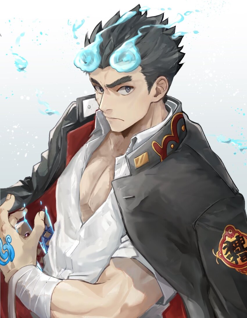 1boy bandaged_arm bandages bara black_eyes black_hair black_jacket blue_fire closed_mouth collared_shirt fiery_horns fire gakuran gradient_background grey_background hair_slicked_back highres horns jacket jacket_on_shoulders looking_at_viewer male_focus muscular muscular_male pectoral_cleavage pectorals revision sakimori_toji school_uniform shirt short_hair short_sleeves solo tass_commuovere thick_eyebrows tokyo_houkago_summoners upper_body white_background white_shirt
