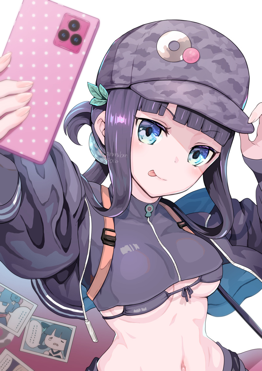 1girl absurdres badge baseball_cap bikini bikini_under_clothes black_bikini black_jacket black_shirt black_shorts blue_eyes blush breasts button_badge camouflage_hat cellphone cropped_jacket cropped_shirt fate/grand_order fate_(series) grey_hat hair_ornament harurukan hat highres instrument_case jacket katsushika_hokusai_(fate) leaf_hair_ornament long_hair long_sleeves looking_at_viewer medium_breasts navel phone photo_(object) purple_hair shirt shorts sidelocks smile solo swimsuit tongue tongue_out yang_guifei_(event_portrait)_(fate) yang_guifei_(fate) yang_guifei_(second_ascension)_(fate)