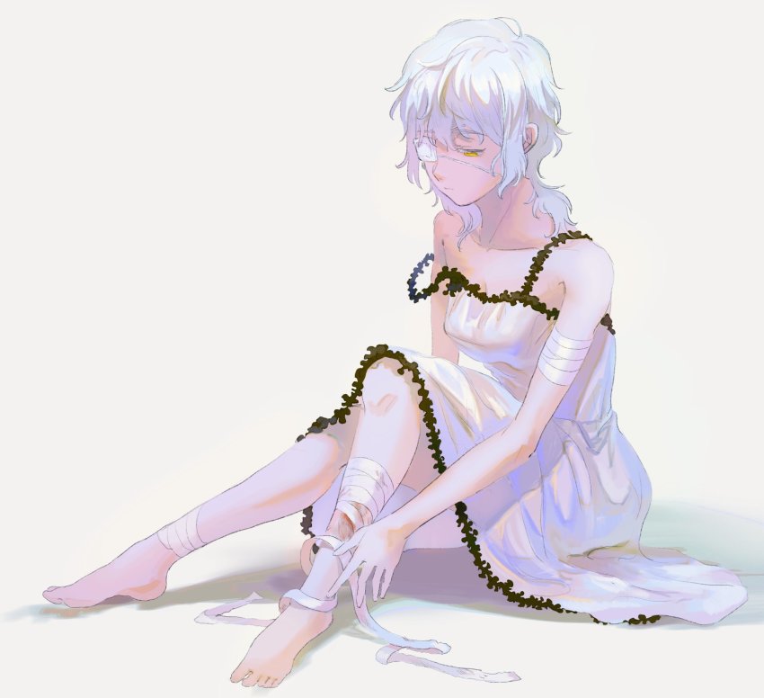 1girl 64kawa4 bandaged_ankle bandaged_arm bandaged_leg bandages barefoot claudia_hortensia dress eyepatch fate/stay_night fate_(series) frown highres injury lace lace-trimmed_dress lace_trim looking_down medium_hair no_bra off_shoulder sad sitting solo wavy_hair white_dress white_hair yellow_eyes