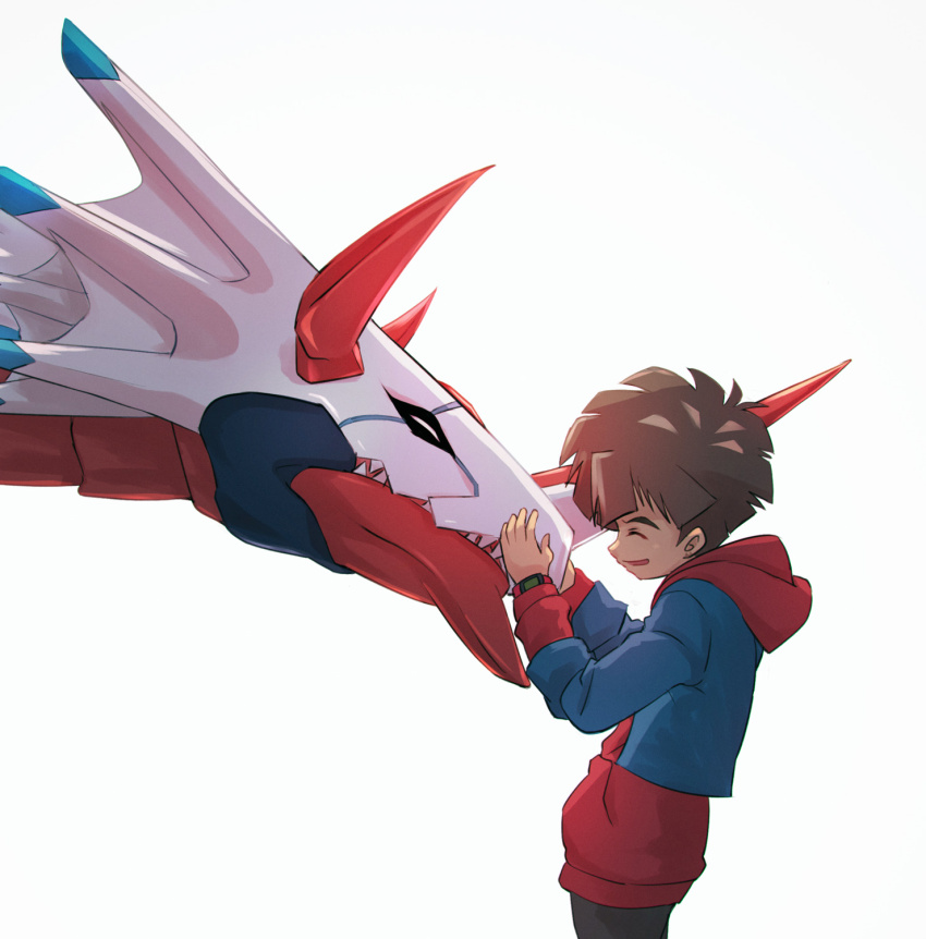 amanokawa_hiro blue_jacket brown_hair canoweissmon close-up closed_eyes digimon digimon_ghost_game dragon highres hood hoodie horns jacket kubota_keita red_hoodie scar scar_on_ear sharp_teeth short_hair simple_background teeth upper_body watch wristwatch