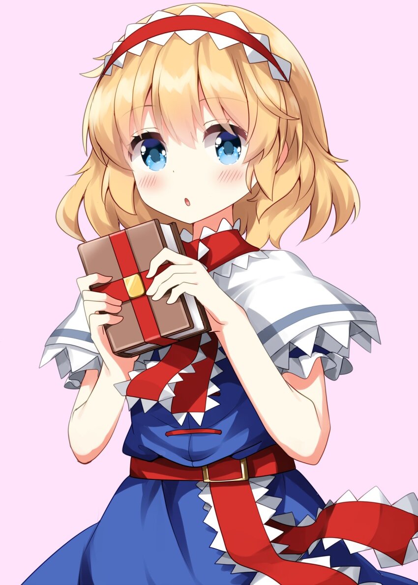 1girl :o alice_margatroid blonde_hair blue_dress blue_eyes blush book capelet commentary_request cowboy_shot dress hairband highres holding holding_book looking_at_viewer open_mouth pink_background red_hairband red_ribbon ribbon ruu_(tksymkw) short_hair short_sleeves simple_background solo touhou white_capelet