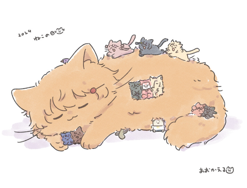 ._. 2024 :3 :d ^_^ animal animal_focus animalization ao_kaeru artist_name asaka_karin cat cat_day closed_eyes emma_verde fluffy freckles hair_bun hair_ornament hair_over_one_eye hairclip highres hug kasumin_box konoe_kanata love_live! love_live!_nijigasaki_high_school_idol_club mia_taylor mifune_shioriko miyashita_ai nakasu_kasumi no_humans open_mouth rina-chan_board sasuke_(love_live!) simple_background single_side_bun sleeping smile snake takasaki_yu tennoji_rina tongue tongue_out too_many too_many_cats u_u uehara_ayumu white_background yuki_setsuna zhong_lanzhu