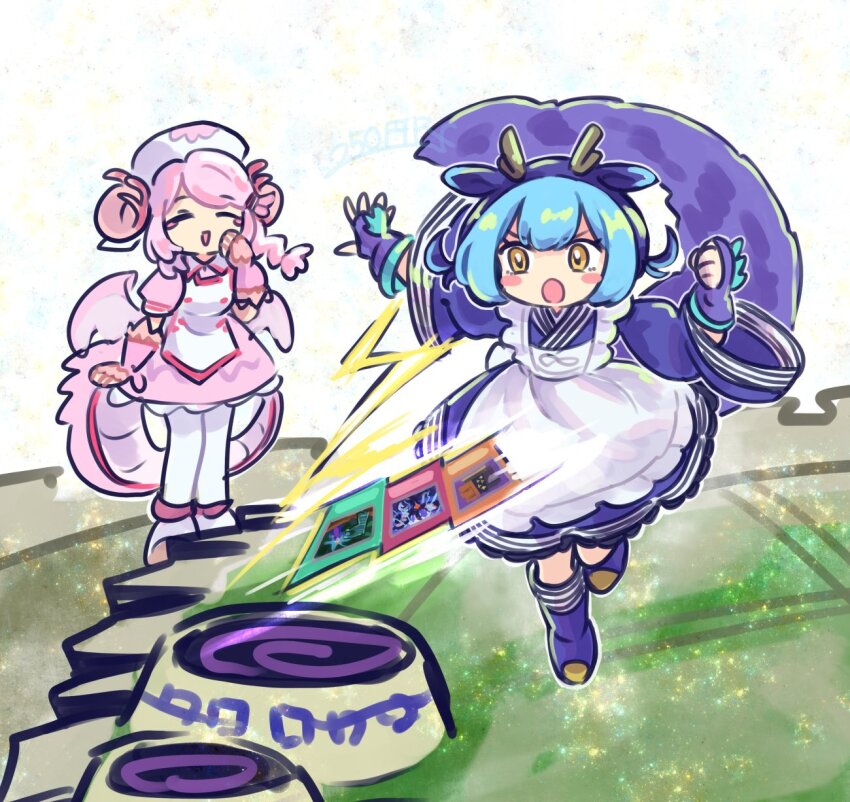 250en_remon 2girls blue_kimono called_by_the_grave card closed_eyes dragon_girl dragon_horns dragon_tail dragon_wings dress duel_monster full_body gameplay_mechanics hat highres horns infinite_impermanence japanese_clothes kimono laundry_dragonmaid looking_at_another maid maxx_c multiple_girls nurse_cap nurse_dragonmaid pink_dress pink_hair solo_focus standing tail throwing wa_maid wings yu-gi-oh! yu-gi-oh!_master_duel