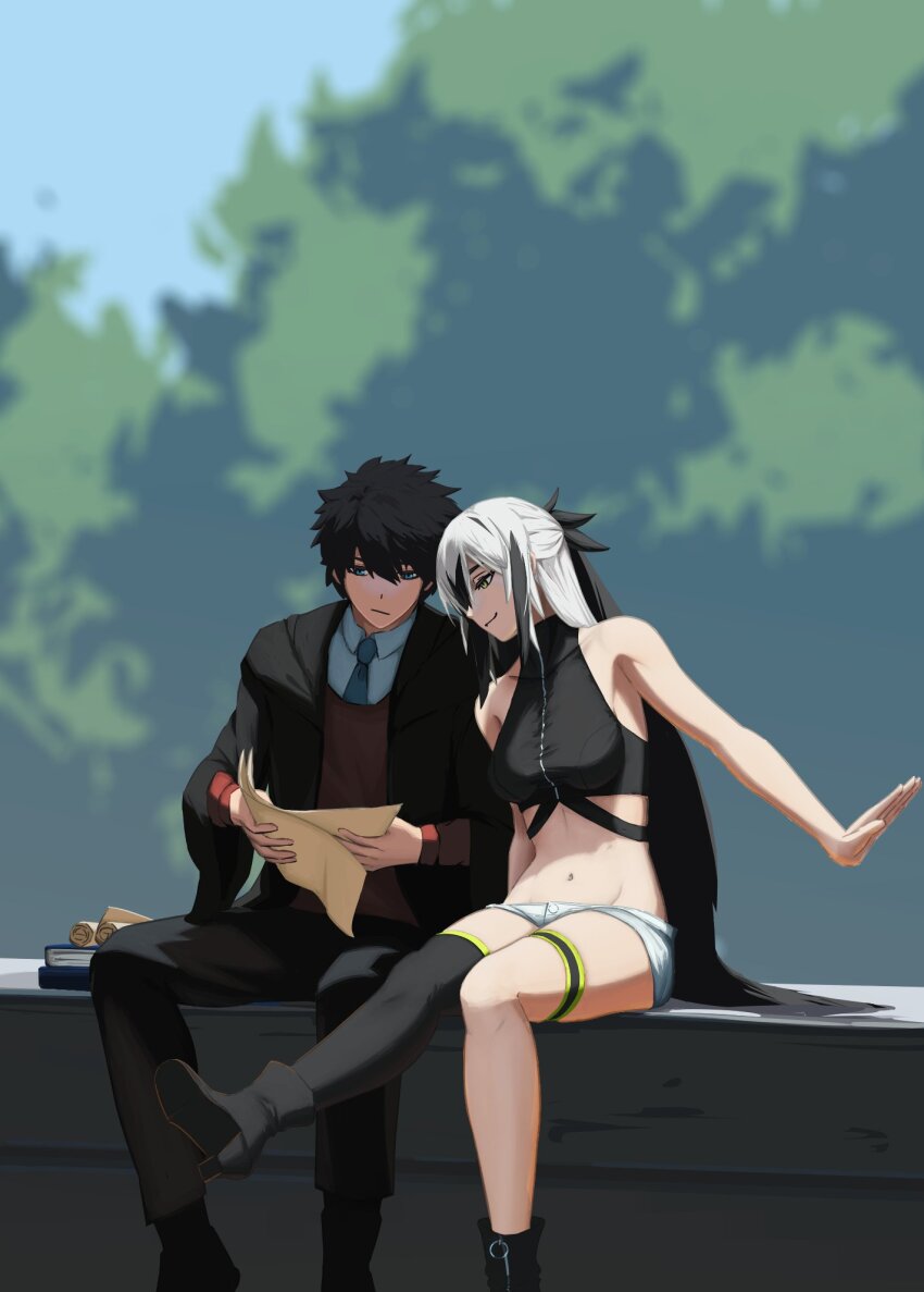 1boy 1girl bare_shoulders black_hair black_robe blue_eyes blue_necktie breasts crop_top cropped_shirt fate/grand_order fate_(series) fujimaru_ritsuka_(male) fujimaru_ritsuka_(male)_(mage&#039;s_association_uniform) hair_between_eyes highres hooded_robe long_hair long_sleeves map midriff multicolored_hair nagao_kagetora_(fate) navel necktie official_alternate_costume open_clothes paperpillar red_sweater robe shirt short_hair shorts sitting sleeveless smile sweater two-tone_hair uesugi_kenshin_(fate) uesugi_kenshin_(second_ascension)_(fate) white_hair white_shorts yellow_eyes