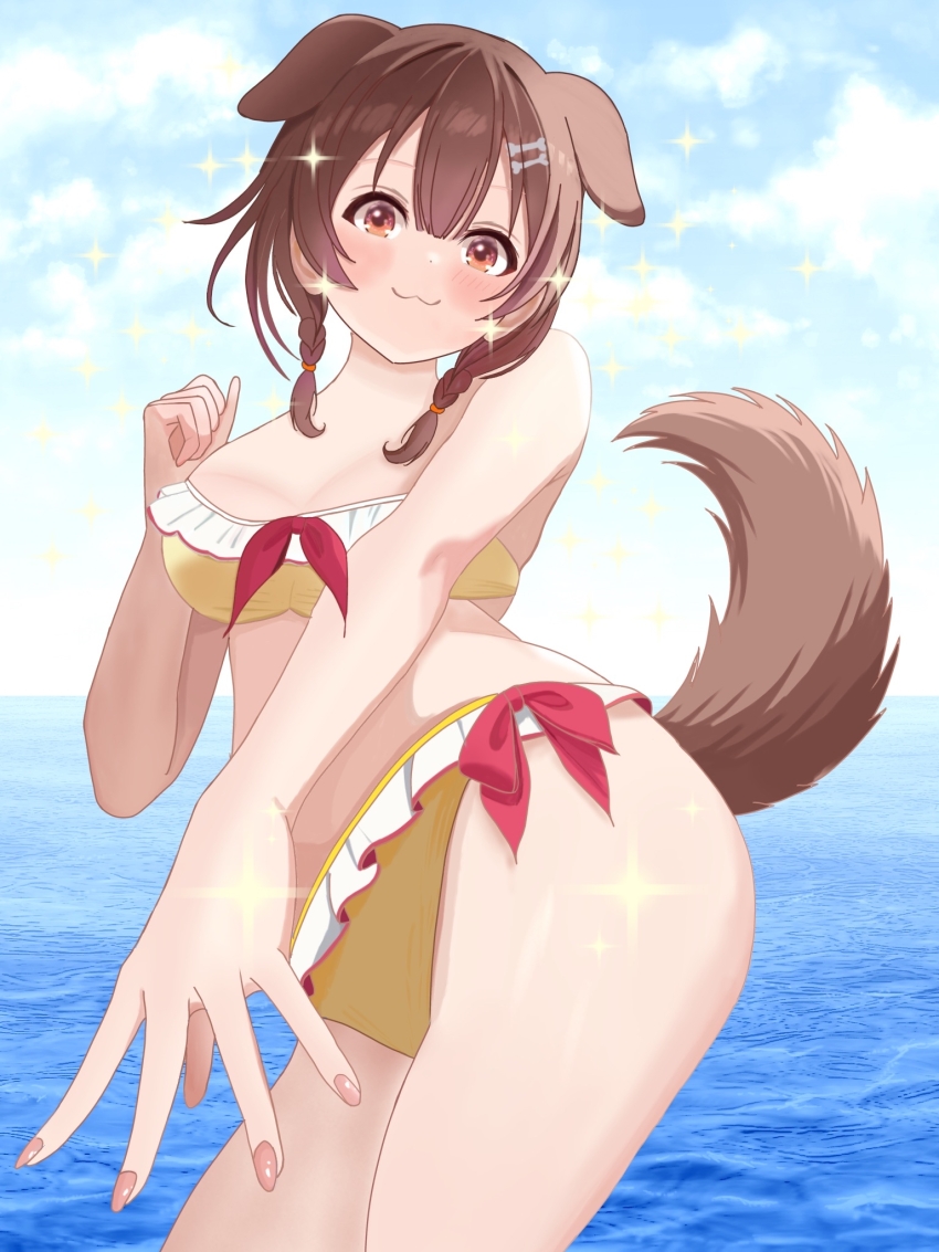 animal_ears bikini blush bow breasts brown_hair dog_ears dog_girl dog_tail highres hololive inugami_korone large_breasts ocean red_bow shining smile star_(symbol) sugimaru2022 sweater swimsuit tail virtual_youtuber yellow_sweater