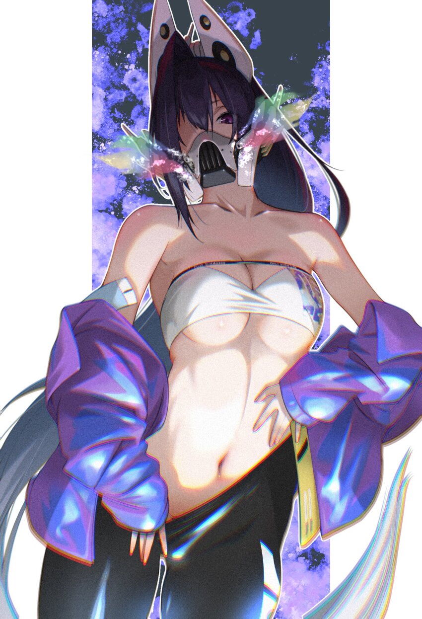 1girl bandeau black_hair black_pants breasts cleavage clothes_pull collarbone fune_(fune83ojj) goddess_of_victory:_nikke hair_between_eyes headgear high-waist_pants high_ponytail highres jacket long_hair mask medium_breasts mouth_mask pants pants_pull ponytail purple_eyes purple_jacket sin_(nikke) solo strapless yoga_pants