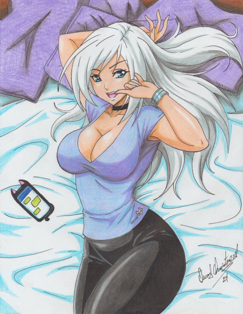 1girl absurdres bed black_cat_(marvel) black_pants blue_eyes bracelet breasts cellphone cleavage dated felicia_hardy highres jewelry large_breasts long_hair marvel open_mouth pants phone pillow ravernclouk_design short_sleeves signature smartphone spider-man_(series) traditional_media white_hair