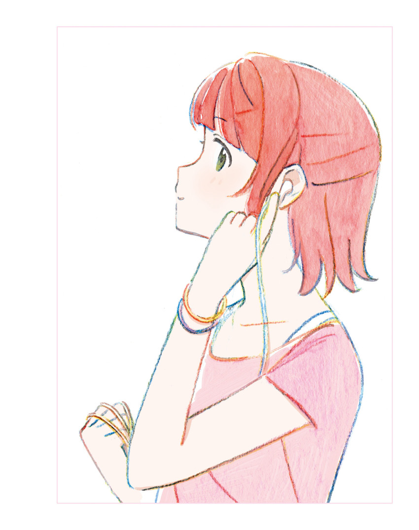1girl artbook blunt_bangs blush bracelet chromatic_aberration closed_mouth collarbone earbuds earphones from_side hand_up hands_up highres holding jewelry looking_at_viewer love_live! love_live!_nijigasaki_high_school_idol_club neo_sky_neo_map!_(love_live!) non-web_source official_art pink_hair pink_shirt profile shirt short_hair short_sleeves simple_background smile solo uehara_ayumu upper_body white_background yellow_eyes