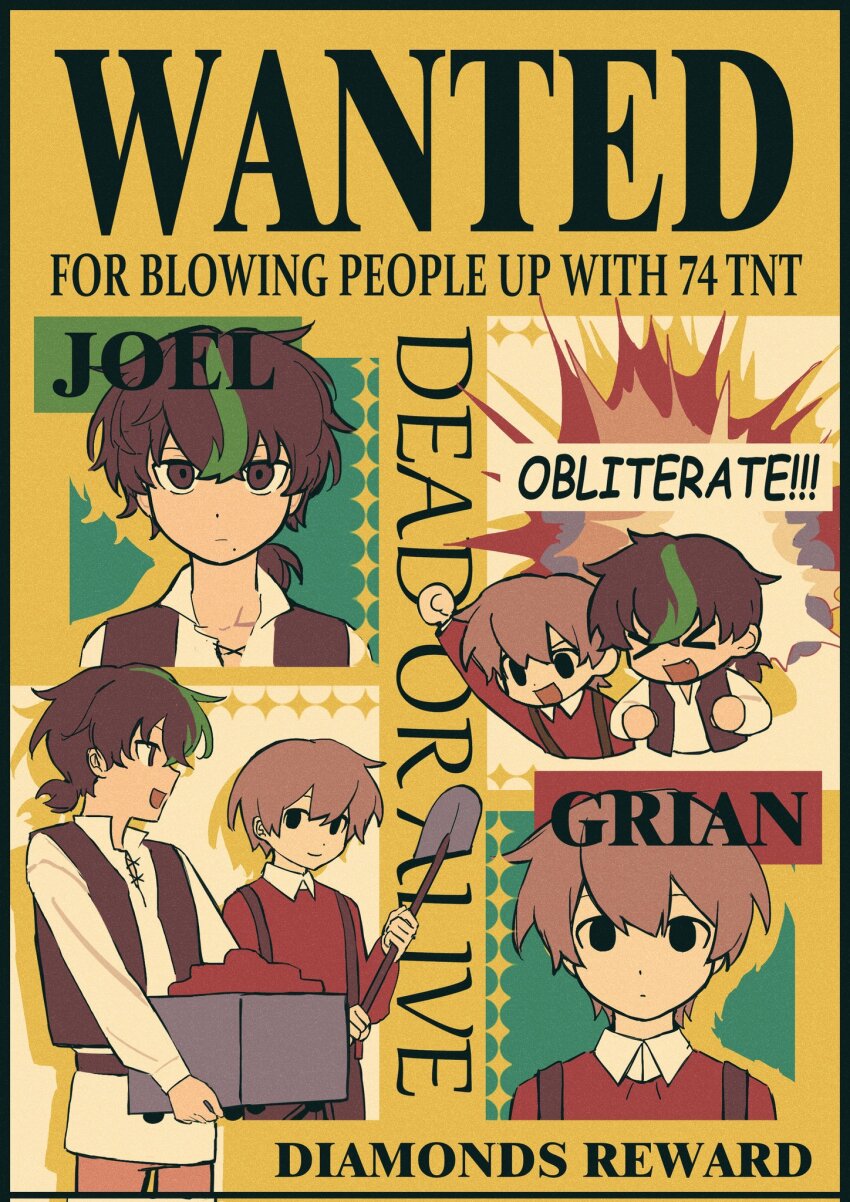 2boys animification black_border black_eyes border brown_eyes brown_hair commentary cosplay english_commentary english_text explosion green_hair grian_(youtuber) hermitcraft highres holding holding_shovel light_brown_hair long_hair looking_at_viewer low_ponytail male_focus minecart minecraft_youtube mipaihere multicolored_hair multiple_boys open_clothes open_vest pants ponytail poster_(medium) red_sweater short_hair short_ponytail shovel shrek shrek_(cosplay) shrek_(series) smallishbeans streaked_hair suspenders sweater vest wanted_poster yellow_background
