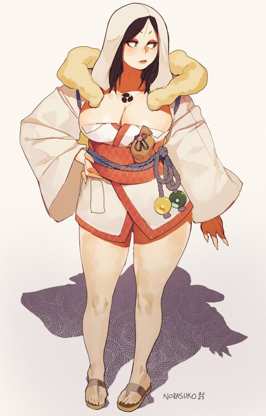 1girl black_hair borrowed_character collarbone collarbone_tattoo commission fingerless_gloves gloves highres hood hood_up japanese_clothes kimono long_hair long_sleeves looking_to_the_side norasuko obi original red_gloves rope sandals sash short_kimono solo standing white_background