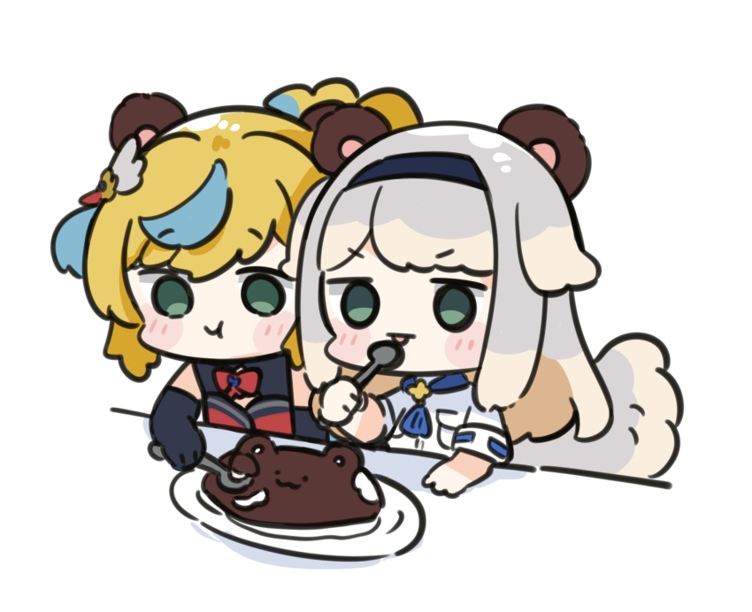 2girls :t animal_ears bare_shoulders black_gloves black_hairband blonde_hair blue_hair blush_stickers brown_hair chibi closed_mouth commentary eating elbow_gloves food gloves green_eyes grey_hair hairband highres holding holding_spoon multicolored_hair multiple_girls nijisanji nozo_(hitomiz) plate ribbon-trimmed_sleeves ribbon_trim shioriha_ruri shirt short_sleeves simple_background spoon streaked_hair tachitsute_toto tail tongue tongue_out two-tone_hair upper_body virtual_youtuber white_background white_shirt