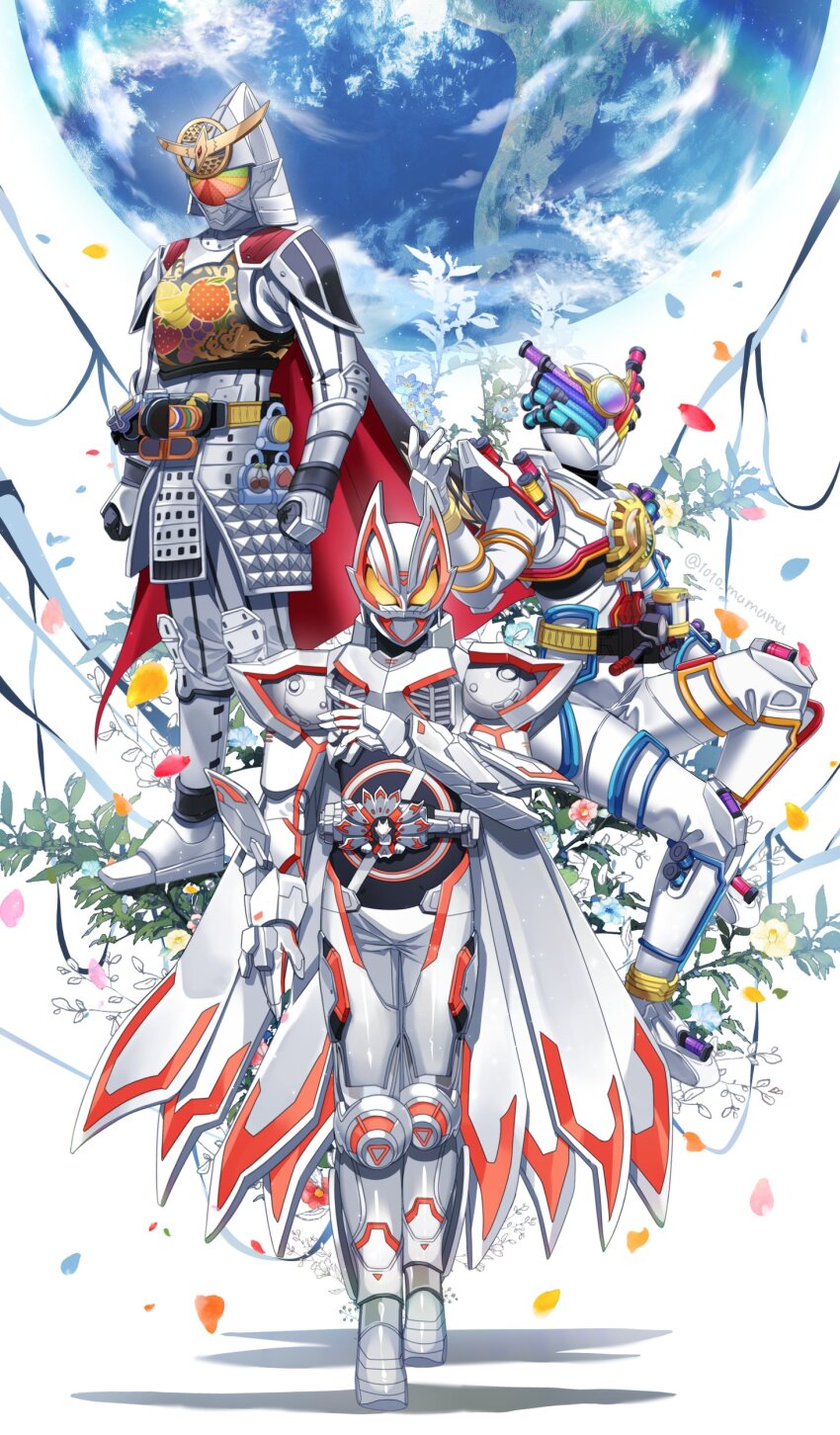 1010_mumumu 3boys absurdres armor bodysuit clenched_hands color_connection desire_driver earth_(planet) flower food_print fox_mask fruit_print highres kamen_rider kamen_rider_build kamen_rider_build_(series) kamen_rider_gaim kamen_rider_gaim_(kiwami_arms) kamen_rider_gaim_(series) kamen_rider_geats kamen_rider_geats_(series) kamen_rider_geats_ix mask multiple_boys planet power_armor rider_belt sengoku_driver trait_connection tube twitter_username white_bodysuit