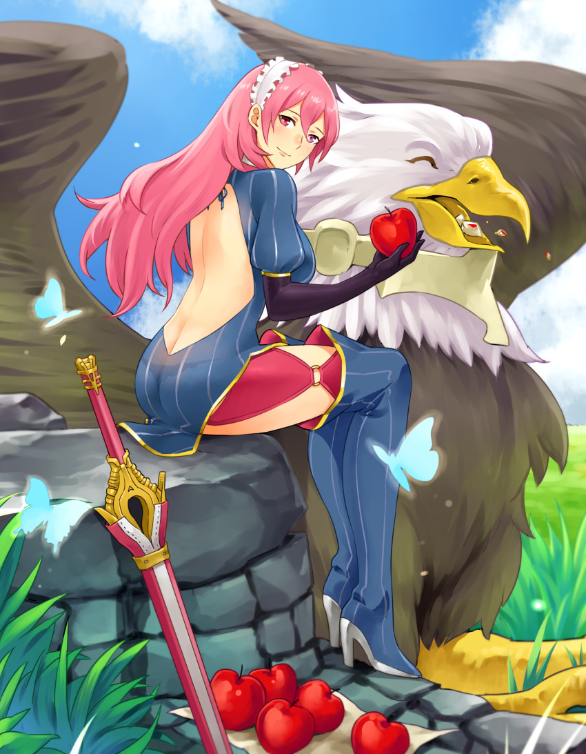 1girl absurdres alternate_costume alternate_eye_color alternate_hair_color apple armor ass back backless_dress backless_outfit bald_eagle beak bird black_panties blue_butterfly blush breasts bug butt_crack butterfly cherche_(fire_emblem) cherche_(fire_emblem)_(cosplay) commission commissioner_upload cosplay creature dress eagle eating elbow_gloves facing_away falchion_(fire_emblem) feathers fire_emblem fire_emblem_awakening food fruit gloves grass griffin hair_between_eyes hairband high_heels highres holding holding_food holding_fruit igni_tion insect large_breasts lips long_hair looking_at_viewer looking_back lucina_(fire_emblem) monster nintendo non-web_source open_mouth outdoors panties pink_eyes pink_hair reins see-through_clothes see-through_dress sitting smile stone sword talons thighhighs underwear weapon wings