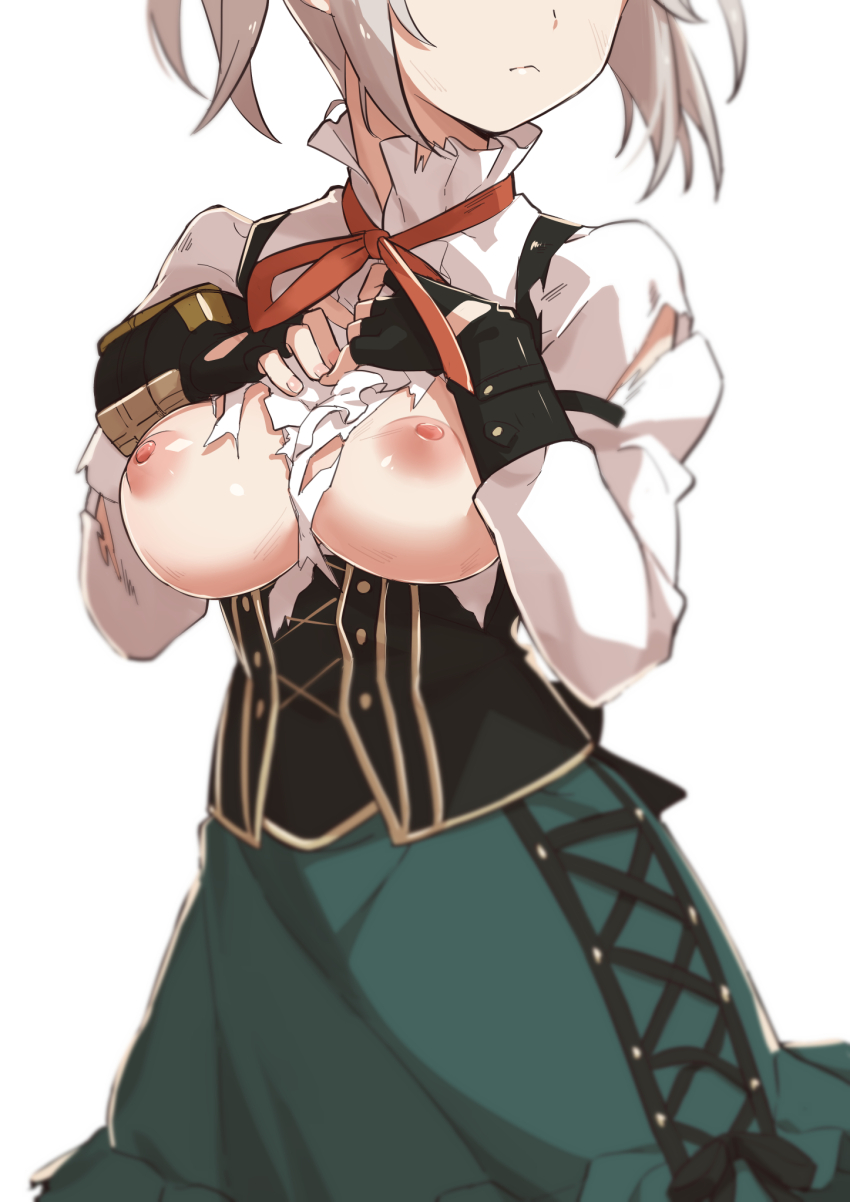 1girl black_gloves breast_focus breasts breasts_out ciel_alencon closed_mouth female_focus fingerless_gloves fingernails gloves god_eater god_eater_2:_rage_burst green_shirt hands_up head_out_of_frame highres medium_breasts morisobo nipples no_bra red_ribbon ribbon shirt short_hair simple_background solo standing torn_clothes white_background white_hair