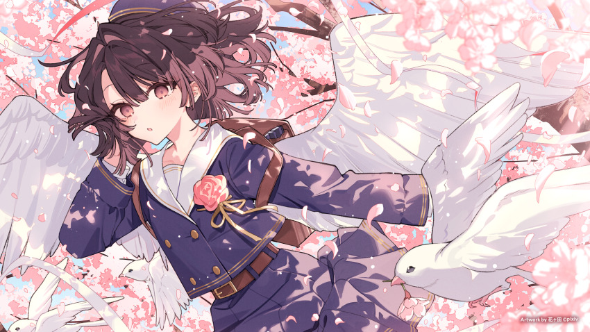 1girl :o animal arm_behind_head backpack bad_link bag belt belt_buckle beret bird blue_hat blue_shirt blue_skirt blue_sky blush branch brown_belt brown_eyes brown_hair buckle day feathered_wings flower hair_between_eyes hanagata hand_up hat highres original outdoors parted_lips petals pink_flower pleated_skirt sailor_collar school_uniform serafuku shirt skirt sky solo white_sailor_collar white_wings wings