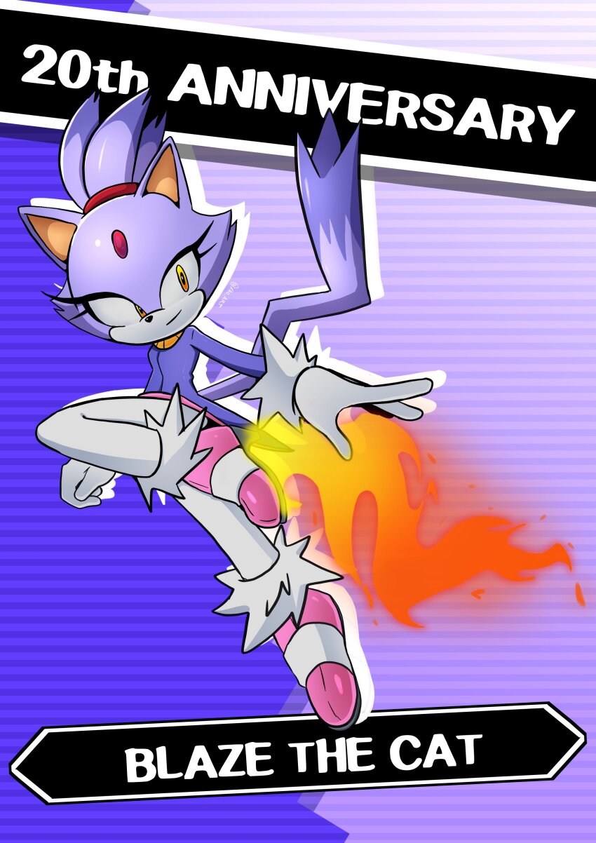 1girl absurdres animal_ears anniversary blaze_the_cat cat_ears cat_girl cat_tail character_name fur-trimmed_gloves fur-trimmed_shoes fur_trim furry furry_female gloves highres pink_shoes ponytail shoes smile sonic_(series) sonic_rush tail white_gloves xao yellow_eyes