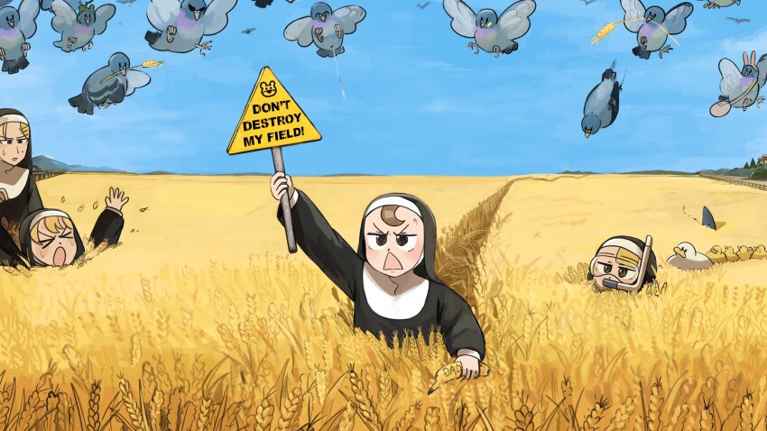 &gt;_&lt; 4girls animal_ears asphyxiation bird blonde_hair blue_eyes brown_eyes brown_hair chicken clear_sky clumsy_nun_(diva) commentary diva_(hyxpk) drowning duck duckling english_commentary english_text fake_shark_fin frog_headband froggy_nun_(diva) goggles habit highres holding holding_sign little_nuns_(diva) multiple_girls nun outdoors pigeon poop rabbit_ears shark_fin sign sky slice_of_life snorkel spicy_nun_(diva) strict_nun_(diva) traditional_nun wheat wheat_field yellow_eyes