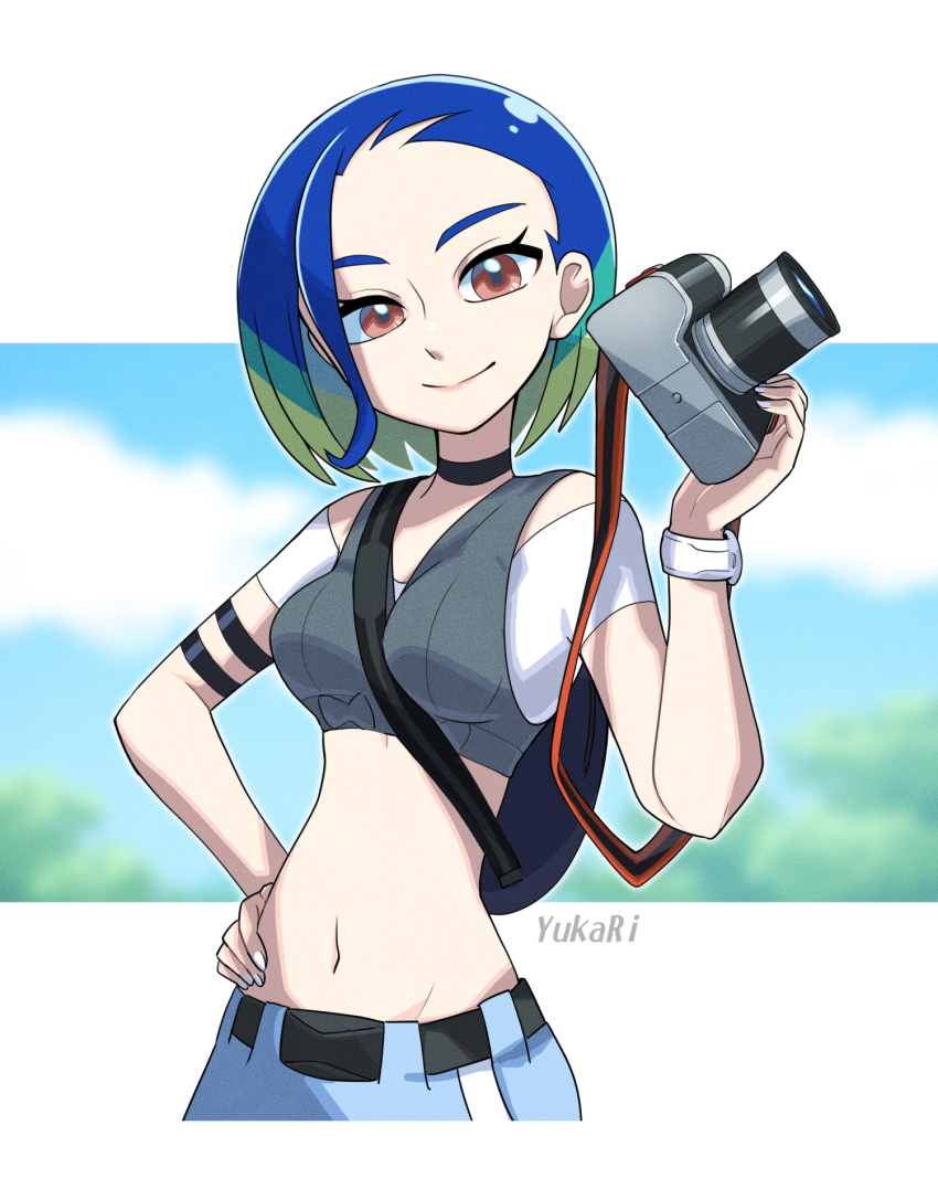 1girl armband bare_shoulders blue_hair bob_cut brown_eyes camera grey_vest hand_on_own_hip highres holding holding_camera looking_at_viewer nintendo perrin_(pokemon) pokemon pokemon_sv short_hair simple_background smile solo vest watch wide_hips wristwatch yukari_(yukari21653710)