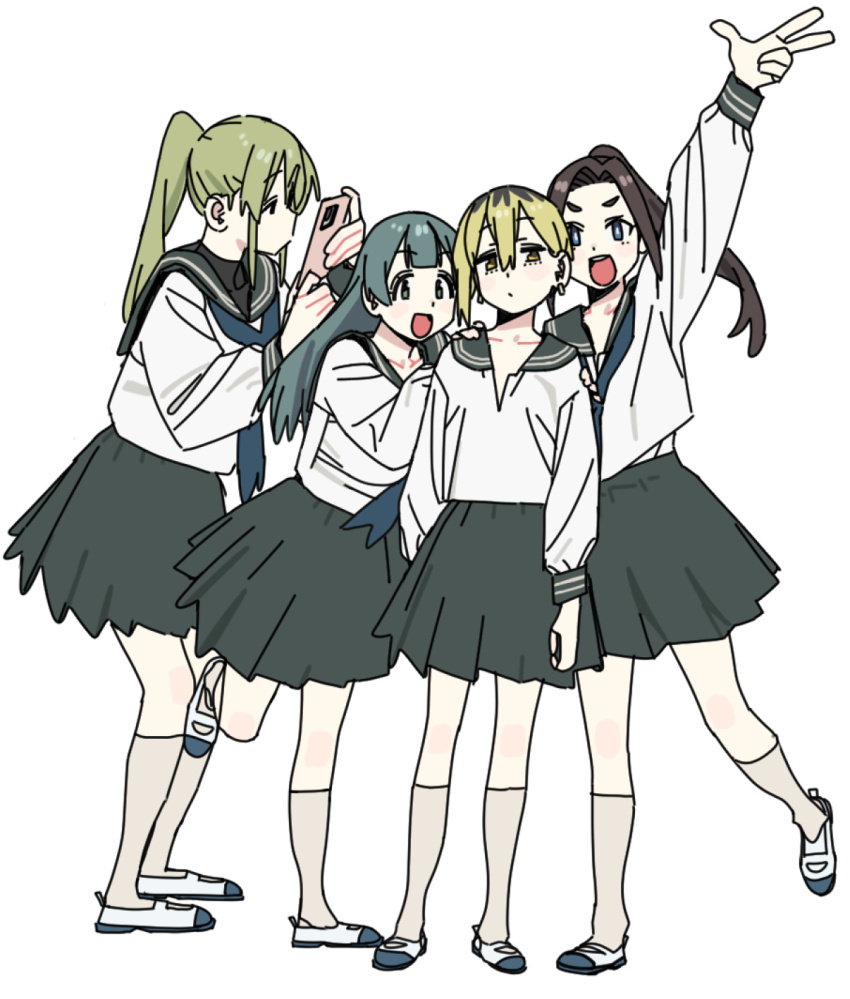 4girls blonde_hair blue_hair cellphone highres imamura_ryou multiple_girls phone school_uniform seitokai_ni_mo_ana_wa_aru! skirt v white_background