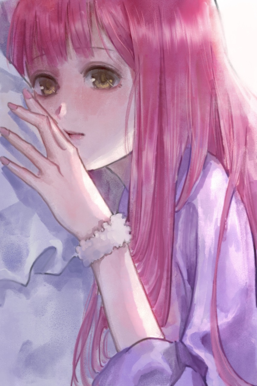 1girl absurdres blunt_bangs chinese_commentary closed_mouth commentary_request expressionless eyelashes fur_wrist_cuffs highres leaning light_blush lipstick long_hair long_sidelocks long_sleeves makeup nail_polish nikki_(nikki) nikki_(series) pink_hair pink_lips pink_nails purple_shirt sea0 shining_nikki shirt sidelocks solo upper_body very_long_hair white_background white_wrist_cuffs wrist_cuffs yellow_eyes