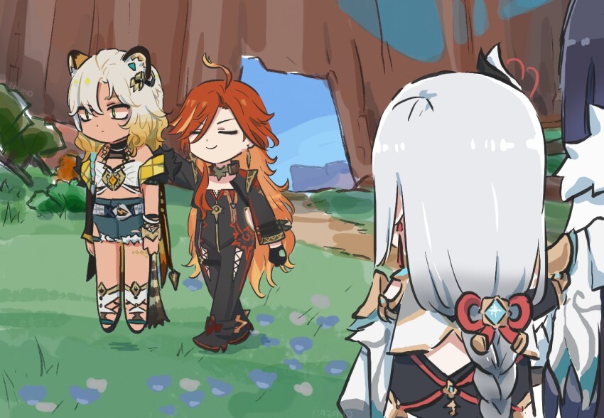 4girls animal_ears biker_clothes bikesuit black_bodysuit black_gloves blonde_hair bodysuit closed_eyes closed_mouth coat denim denim_shorts fur-trimmed_coat fur_trim genshin_impact gloves grey_hair jaguar_ears jaguar_girl jaguar_tail mavuika_(genshin_impact) multicolored_hair multiple_girls outdoors red_hair shenhe_(genshin_impact) shorts smug tail v-shaped_eyebrows walking xilonen_(genshin_impact) xinzoruo yelan_(genshin_impact)