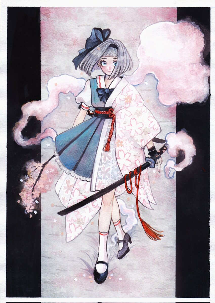 1girl black_bow black_shoes blue_eyes bow branch cherry_blossom_print cherry_blossoms closed_mouth dress fingerless_gloves floral_print frilled_dress frills full_body gloves green_dress hair_bow headband highres holding holding_sword holding_weapon konpaku_youmu konpaku_youmu_(ghost) painting_(medium) red_rope rope shoes short_hair short_sleeves socks solo surume_(surumemodoki) sword tassel touhou traditional_media watercolor_(medium) weapon white_hair white_socks