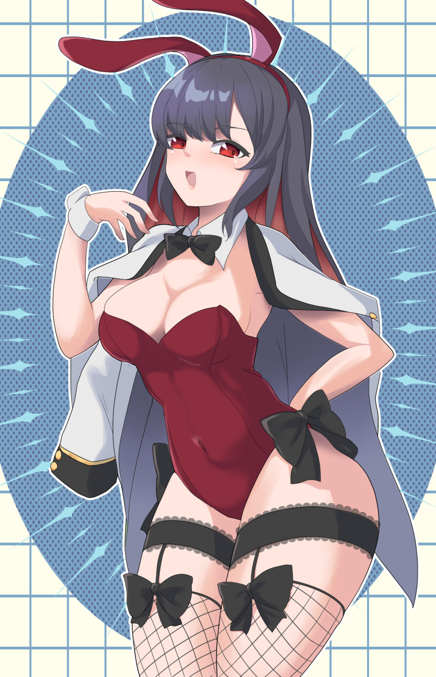 1girl akonanosu animal_ear_hairband animal_ears black_bow black_bowtie black_hair bow bowtie breasts brown_leotard cleavage colored_inner_hair cowboy_shot detached_collar fake_animal_ears fishnet_thighhighs fishnets hairband highres jacket jacket_on_shoulders large_breasts leotard long_hair multicolored_hair playboy_bunny rabbit_ears red_eyes red_hair shichiyou_mitsuru side-tie_leotard solo station_memories strapless strapless_leotard suit_jacket thigh_strap thighhighs white_jacket wrist_cuffs