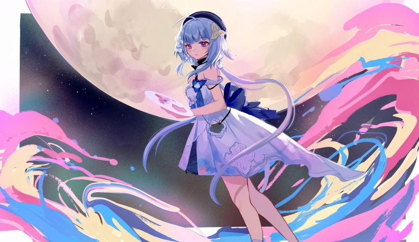 1girl absurdres ahoge beret blue_hair breasts chinese_commentary commentary_request dress flower full_moon griseo griseo_(starry_impression) hair_flower hair_ornament hat highres holding holding_paint_palette honkai_(series) honkai_impact_3rd komuer long_hair moon paint paint_palette purple_eyes small_breasts solo white_dress